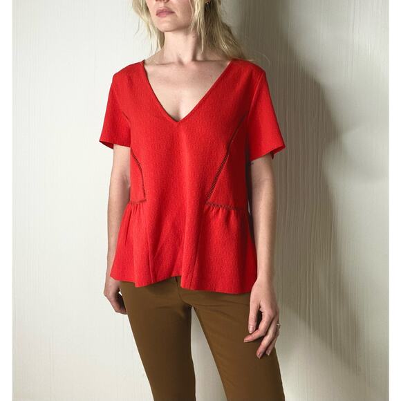 SEZANE Amanda Textured Peek-a-boo Back Red SS Blouse US 42/US 10 - Picture 2 of 11